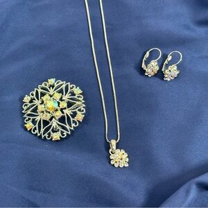 Vintage Aurora Borealis Brooch Earrings and Necklace Set Bride Bridal